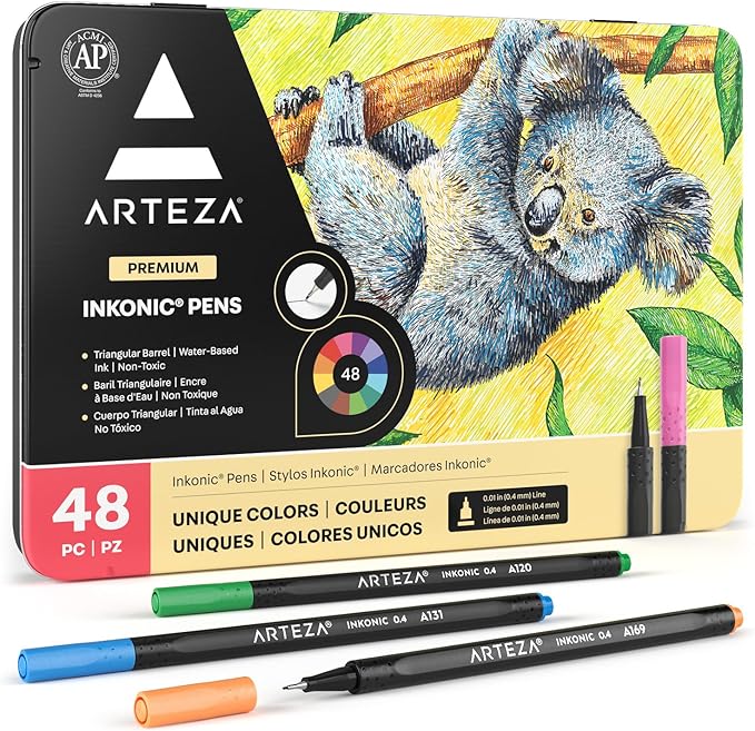 ARTEZA Inkonic Fineliners Pens, Set of 48, 0.4 mm Fine Tip Markers, Water-Based Art Pens for Drawing, Sketching, Journaling, Calligraphy