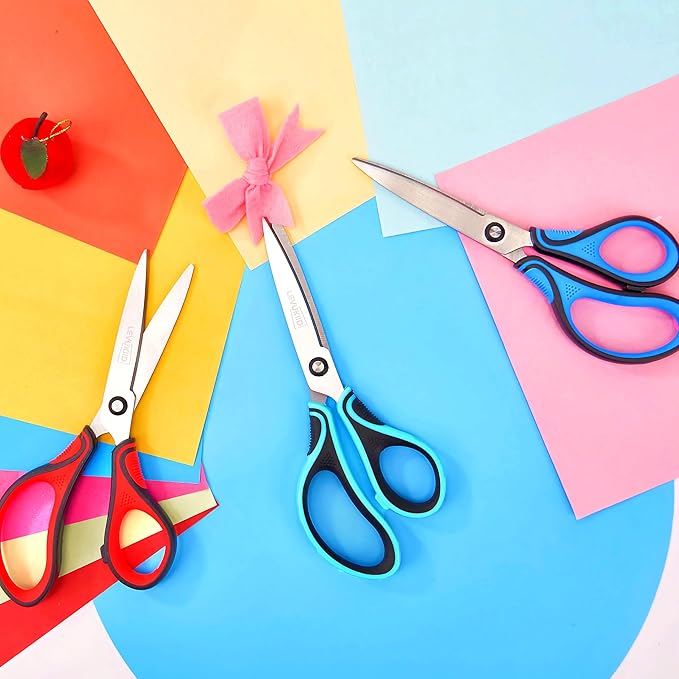 Office Scissors All Purpose - Comfort Grip Handle,Sharp X Blade,8-Inch Scissors for Ages 12+,pointed tip, Three Color Handles, Craft Cutting Tool