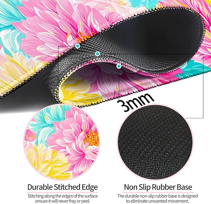 Pink Flower Gaming Desk Mat, Computer Keyboard Large Extended Long Floral Mouse Pad for Office and Home, XL (W29)