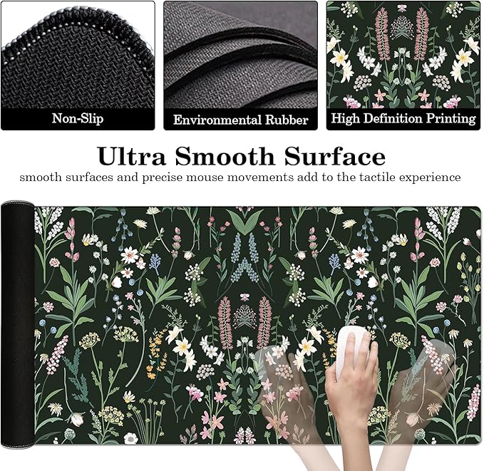 Wildflowers Desk Pad Protector, Stitched Edges Mouse Pad, Large Office Mat, Non-Slip Desk Blotter, Flower Laptop Pad, Floral Writing Pad for Office and Home (31.5" x 15.7")