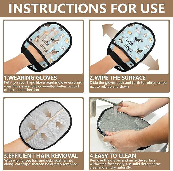 CHPGPUG Cute Dogs Pet Hair Removal Glove for Cats & Dogs Reusable Pet Hair Removal Glove pet Hair Electrostatic Gloves