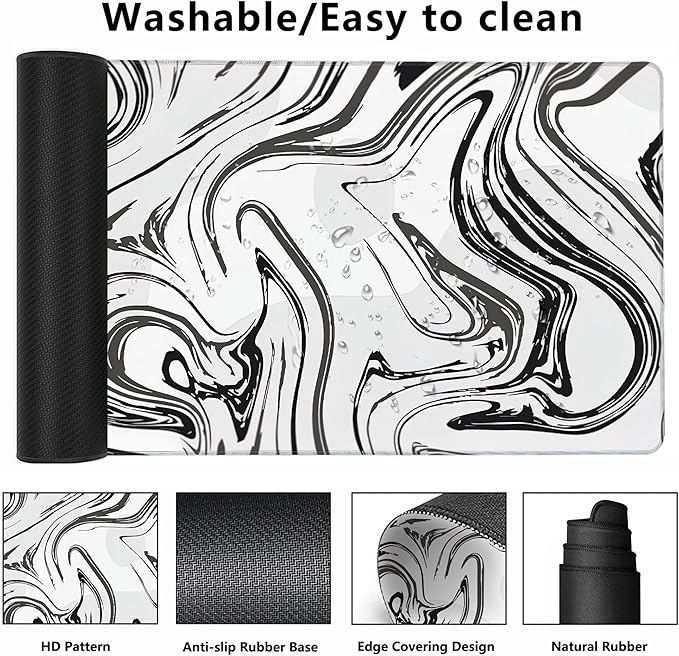 MIOAOSRT Desk Mat,Abstract Black and White Marbling Extended Gaming Mouse Pad,Large Non-Slip Rubber Base Mousepad with Stitched Edges,Waterproof Mouse Mat Desk Pad for Office Game Home 35.4x15.75 in