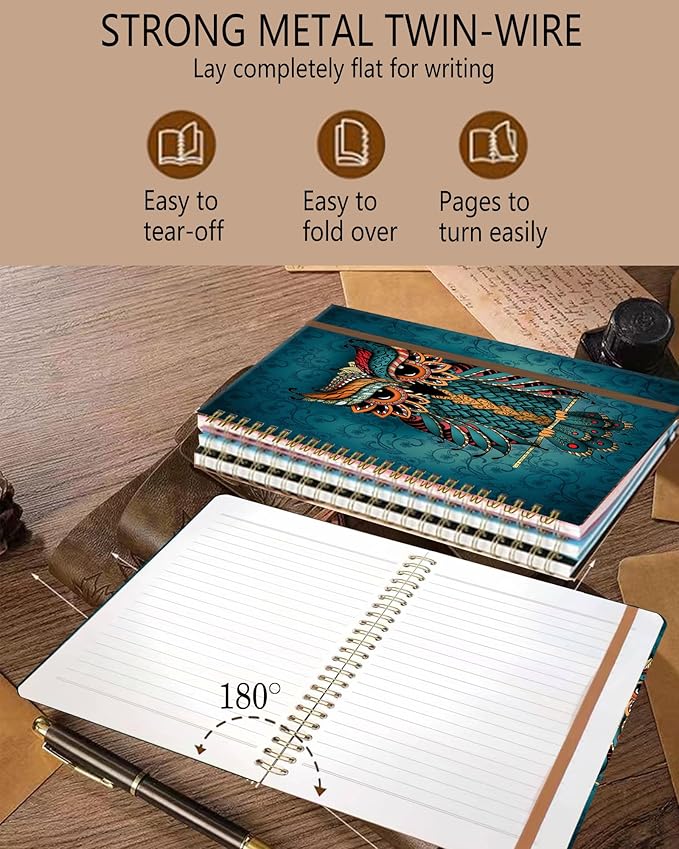 Spiral Journal Notebook, A5 Cute Notebooks for Women Men, College Ruled Hardcover Notebook for Work & Note Taking, 60 Pages Double-Wire Journals for Writing, Cool Boho Owl
