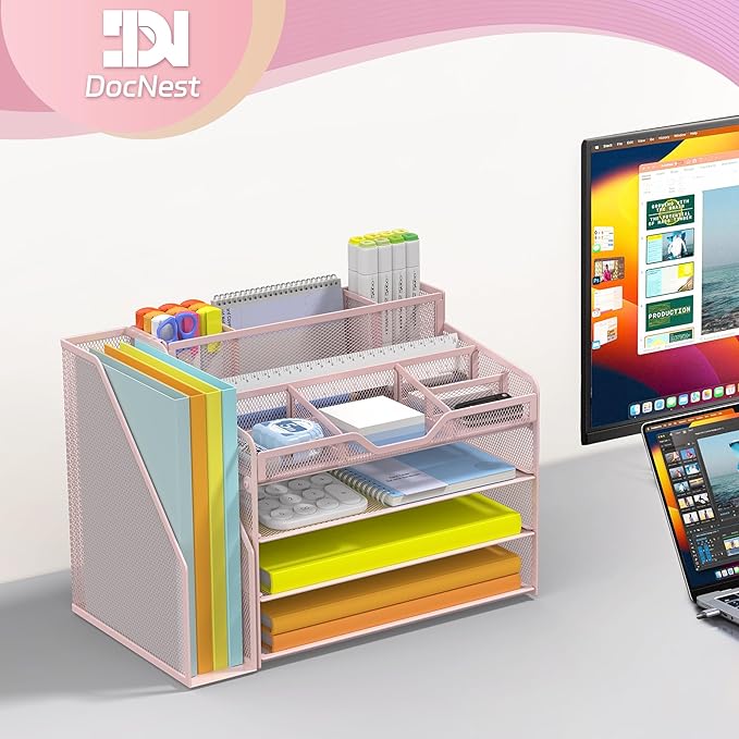 Docnest 4 Tier Mesh Desk Organizer with File Holder – Multi-Functional Paper Letter Tray with 5 Adjustable Compartments, 3 Pen Holders, Desktop Storage for Files, Mail, Stationery – Pink