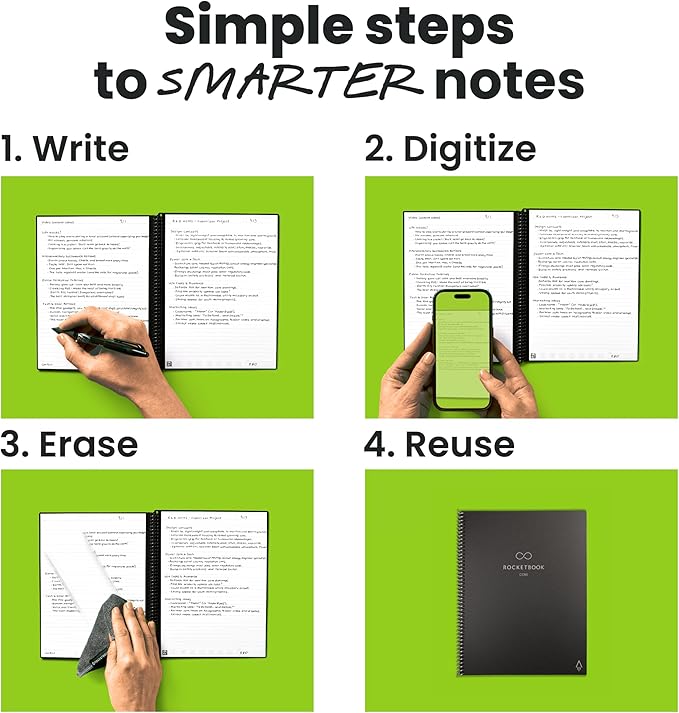 Rocketbook New Core Reusable Spiral Notebook, Letter Size 8.5x11, Black - Lined Pages, App-Connected, Erasable, Durable Cover, Ideal for School, Work, and Creative Projects