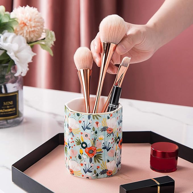 Jwest Pen Holder, Makeup Brush Holder Ceramic Shiny Gold Floral Pattern Pencil Cup for Girls Kids Women Durable Stand Desk Organizer Storage Gift for Office, Classroom, Home Mint Flowers