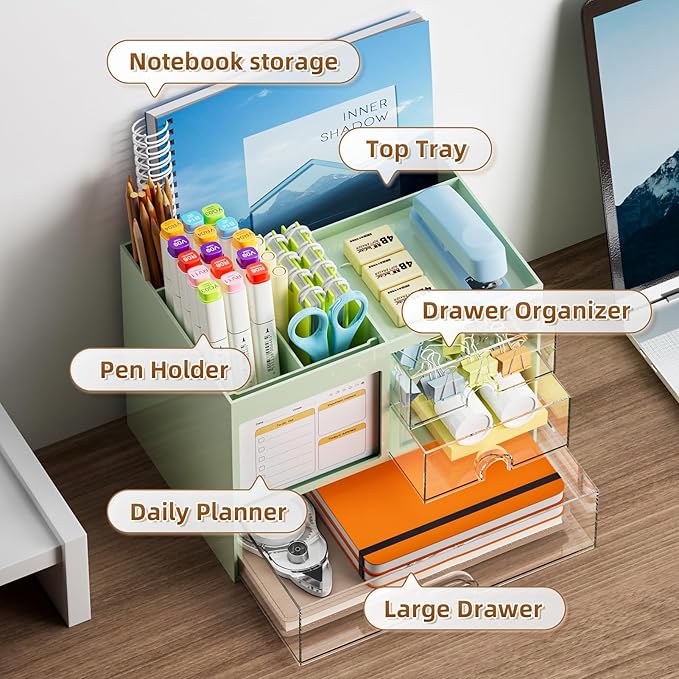 Marbrasse Desk Organizer with 3 Drawer, Multi-Functional Pencil Pen Holder for Desk, Desk Organizers and Accessories with 4 Compartments, Desktop Organizer Storage for Office Home Supplies (Green)