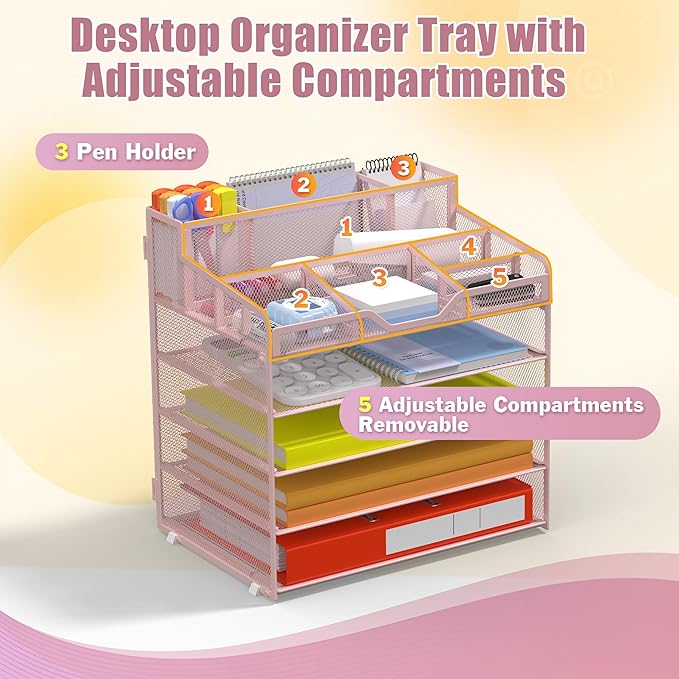 Docnest 5 Tier Mesh Desk Organizer for Paper Office Supplies – Multi-Functional Letter Tray with 5 Adjustable Compartments, 3 Pen Holders, Desktop Storage for Files, Mail, Stationery – Pink