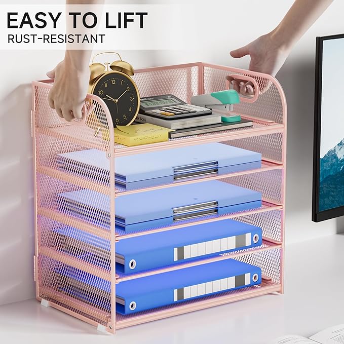 Paper Organizer for Desk Organizers and Accessories for Office 5 Tier Letter Tray Storage with Handle Mesh Desktop Paper Holder for School- Pink