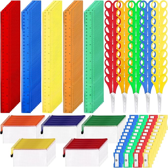 200Pcs School Supplies Kit Bulk Include 50Pencil Sharpeners 50 Pencil Pouches Bulk 50 Safety Blunt Tip Student Scissors 50 12Inch Plastic Rulers Back to School Supply for Student Office