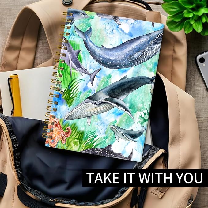Spiral Journal Notebook, Hardcover Lined Journal for Women, Medium 6 x 8.4 in, 120 Pages Thick Paper, College Ruled Notebook for Writing, Work, Office, and School,Colorful Whale Ocean Animal