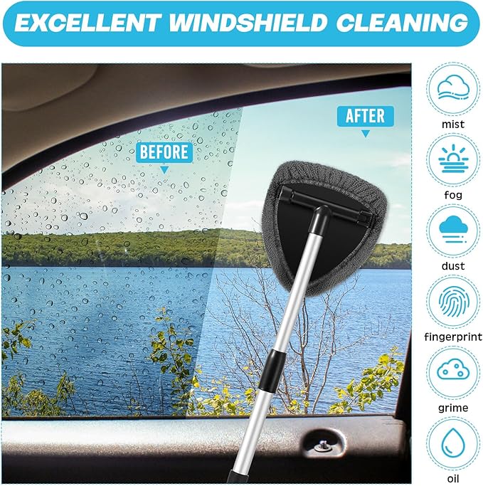 Baderke 10 Pcs Windshield Cleaner Tool Car Window Cleaning Supplies with Extendable Handle Include 6 Washable Microfiber Bonnets 2 Empty 60ml Spray Bottle Glass Wiper Kit (Gray)