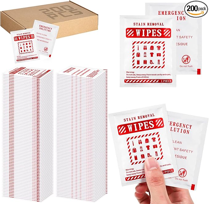 Timgle 200 Pcs Stain Remover Wipes Individual Wrapped Wipes Stain Remover Mini for Clothes Fabric Laundry Carpet Messy Eater Car Seat Upholster Clean (White)