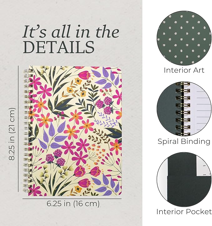 Steel Mill & Co Cute Pink/Purple Floral Mini Spiral Notebook, 8.25" x 6.25" Journal with Durable Hardcover and 160 Lined Pages, Wildflowers