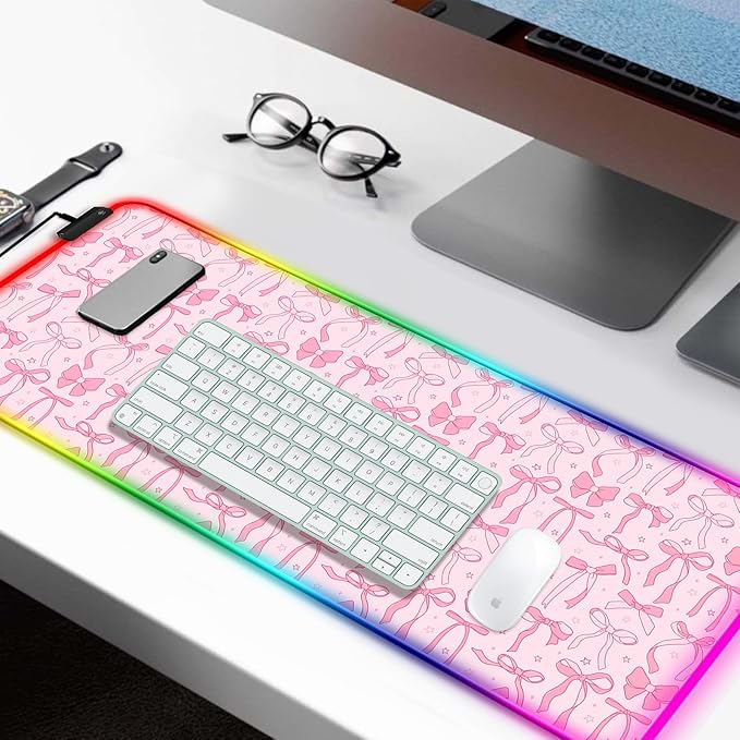 RGB Pretty Bow Girly Gaming Desk Mat, Computer Keyboard Large Extended Long LED Mouse Pad for Office and Home, XL (W24)