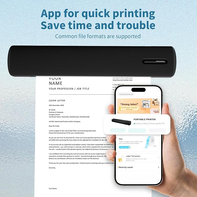 C80 Wireless Printer, Inkless Portable Printer for Travel, Supports A4 8.5 x 11 Inch Thermal Paper, Compatible with Phone & Laptop (Black)