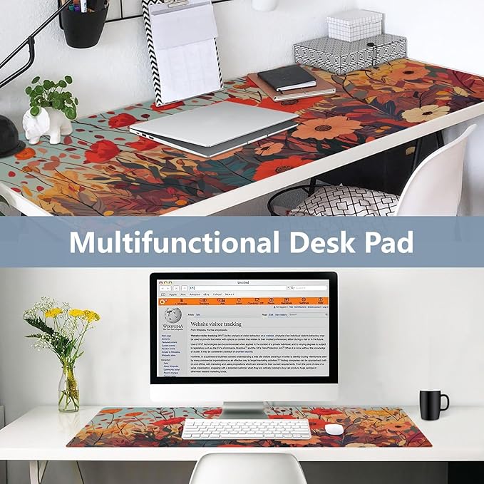 Mouse Pad Desk Mat Leather Desk Pad Large Gaming Desk Cover Protector Mat for Keyboard Computer Laptop Office Waterproof 47.2 x 23.6 Inch Autumn Poppy Flowers