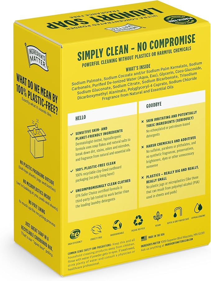 Ingredients Matter Powder Laundry Soap - Lemongrass Scent, Hypoallergenic Detergent, Natural & Eco-Friendly, Plastic Free, Made in USA, Natural Essential Oils & Dermatologist Tested - 15 oz, 30 Loads