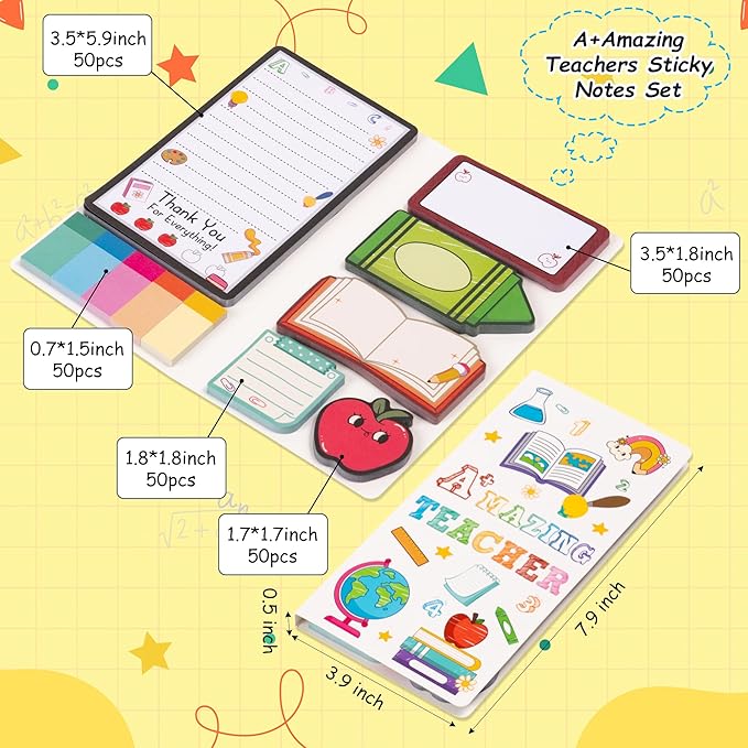 B1ykin Sticky Notes Set, Cartoon Theme Cute Self-Stick Notes Pad Teacher Appreciation Gifts， Self-Adhesive Writing Memo Pages Sticky to Do Notepad Thank You Gift for School Classroom (A+ Teacher)