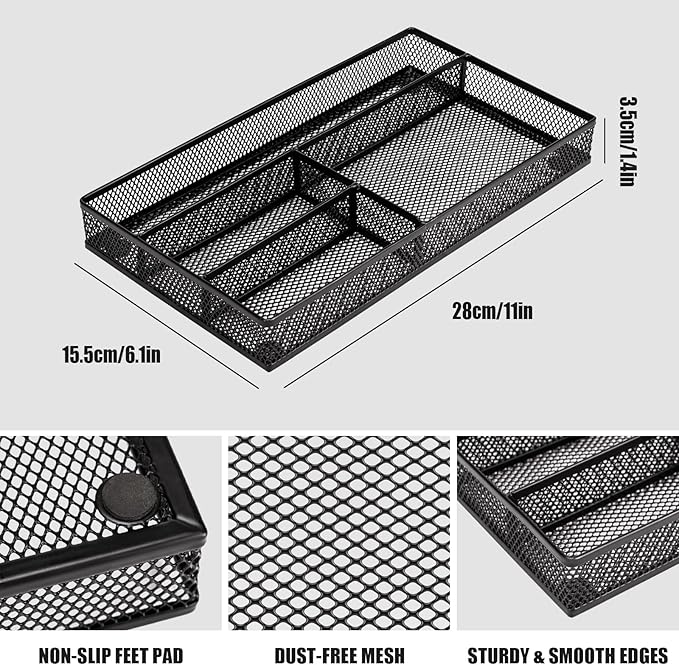 Desk Drawer Organizer Tray,Drawer Organizer for Office and Home,Desk Organizer with Drawers,4 Compartments,Non-Slip Desk Organizers and Accessories for Stationery Makeup School (Black)