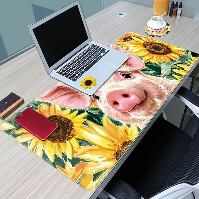 Desk Mat Large Gaming Mouse Pad (31.5x11.8 inch) with Stitched Edges, XL Mouse Pad +Coaster, Extended Mouse Mat Keybroad Mousepad Non-Slip Rubber for Gamer Men Women, Pig Sunflowers