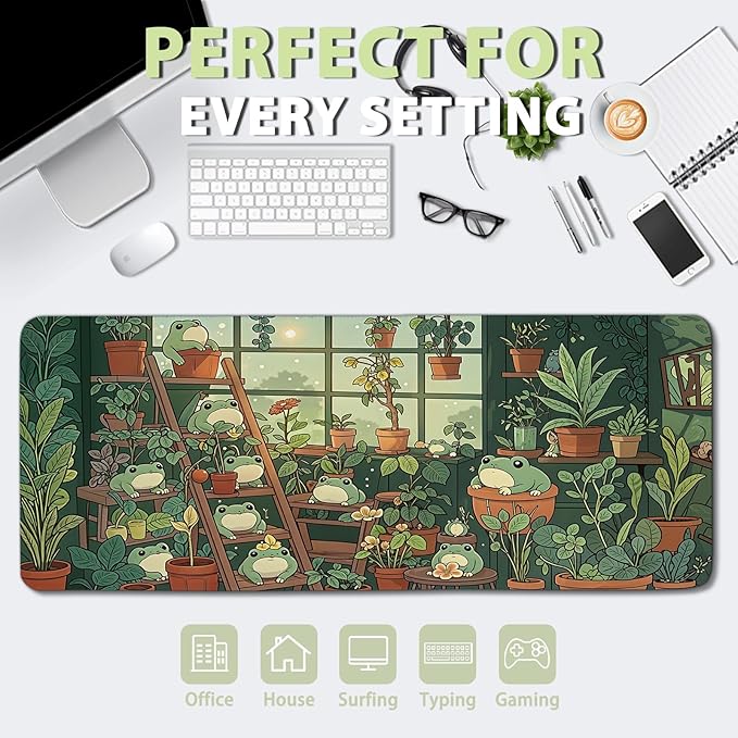 Frog Gaming Mouse Pad, Lush Green Nature Theme Mouse Pad, Indoor Frog Mousepad, Whimsical Frog Mousepad, Game Desk Accessories for Boys, Large Desk Mat for Keyboard and Mouse 11.8”x 31.4” XL