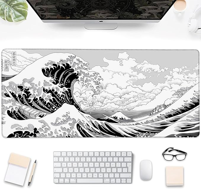 Gaming Mouse Pad, Black and White Japanese Sea Wave Large Desk Mat for Keyboard and Mouse,Non-Slip Rubber Base and Stitched Edges Desk Pad for Home Office 35.4x15.7in