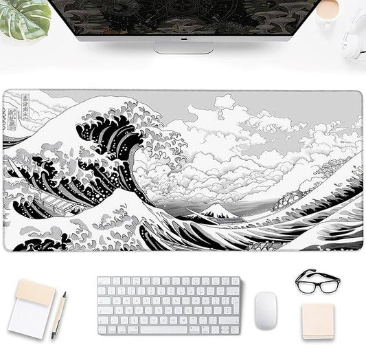 Gaming Mouse Pad, Black and White Japanese Sea Wave Large Desk Mat for Keyboard and Mouse,Non-Slip Rubber Base and Stitched Edges Desk Pad for Home Office 35.4x15.7in