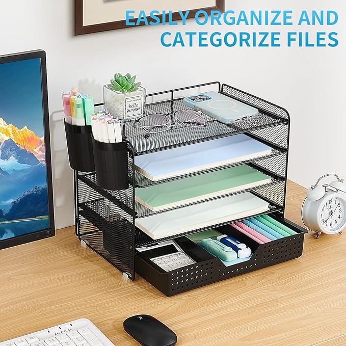 5-Tier Paper Organizer Letter Tray with Drawer & 2 Pen Holders, Desk Organizer and Accessories for Desktop File Workspace Organization, Office Desk Accessories Office Supplies Storage (Black)