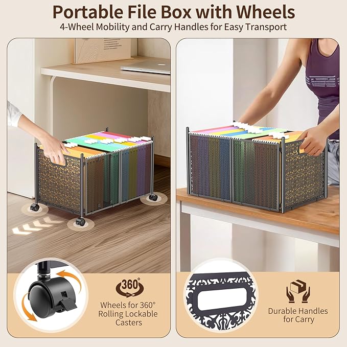 File Organizer Box, Large File Box for Hanging Letter/Legal Size File, File Folder Storage Box with Wheels, Decorative File Box for Office/Decor/Home, Metal (2 Pack)