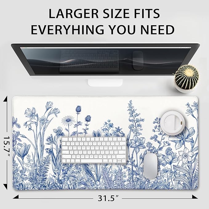 Narcissus Blue Floral Large Gaming Mouse Pad 31.5"x15.7"｜ Flower XXL Desk Mat, Non-Slip Rubber Base & Stitched Edges - Extended Waterproof Mousepad for PC/Laptop/Office/Home Decor