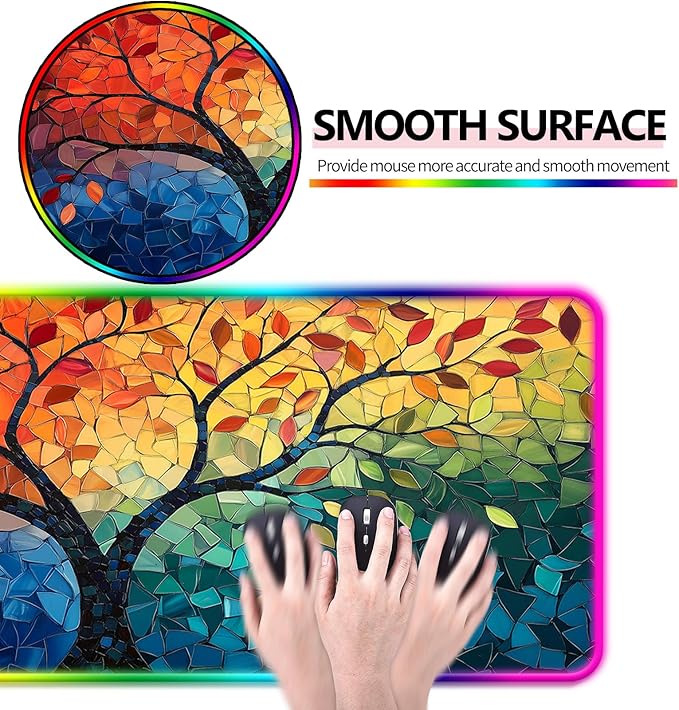 RGB Fantasy Tree of Life Gaming Desk Mat, Computer Keyboard Large Extended Long Abstract LED Mouse Pad for Office and Home, XL (W04)