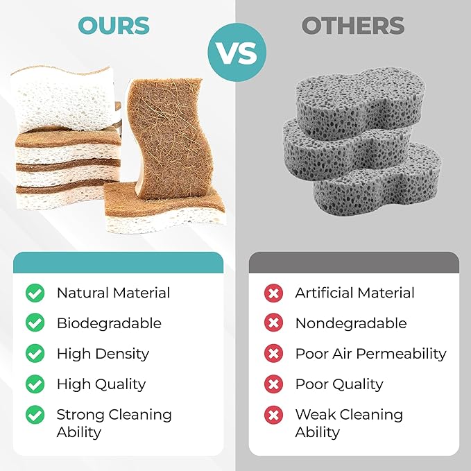 Purely Calm Plant Based Natural Sponge - Pack of 12 Cellulose Sponges, Safe on Non-Stick Cookware, Dual Sided Dish Sponge for Washing Dishes, Kitchen and Household