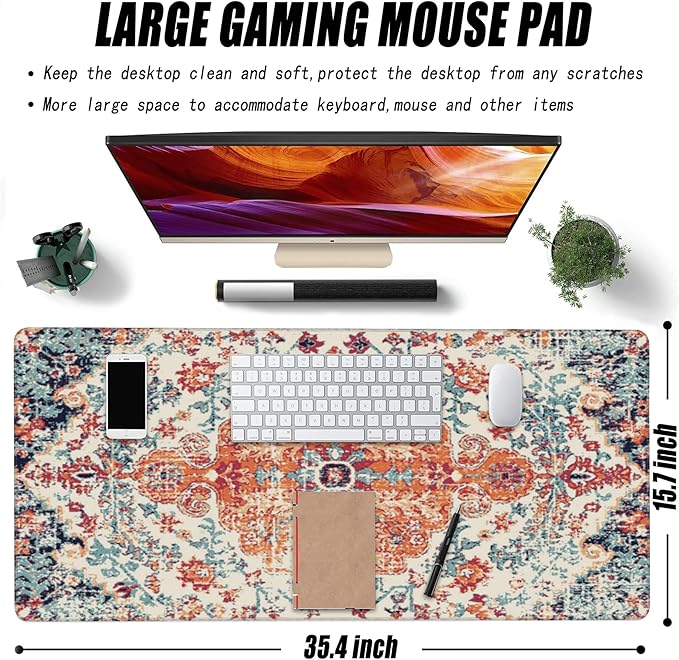 Large Gaming Mouse Pad for Desk, Boho Style Design Carpet Desk Mat for Desktop, Non-Slip Rubber Base Stitched Edges Long Computer Keyboard Mouse Mat Desk Pad for Home Office Gaming 35.4"X15.7"