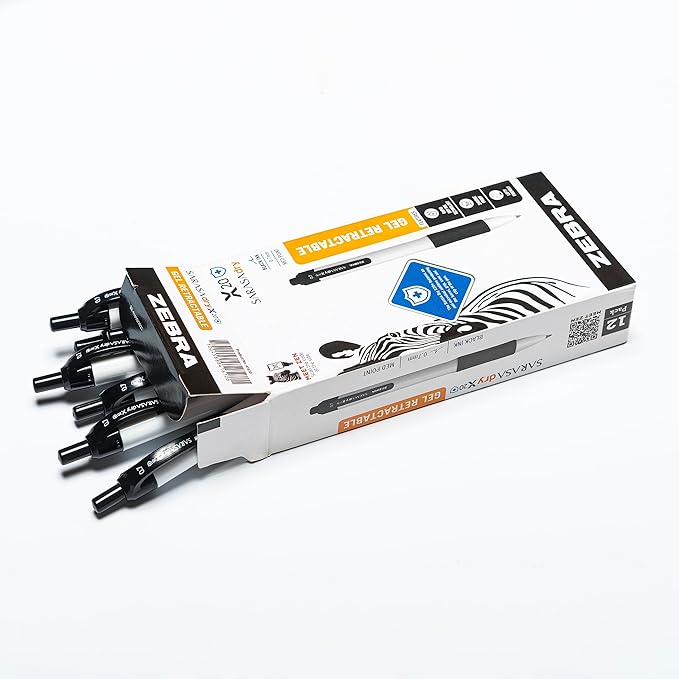 Zebra Pen Sarasa Dry X20+ Retractable Gel Pen, Plastic Barrel with Protective Coating, Medium Point, 0.7mm, Black Ink, 12-Pack (41610)