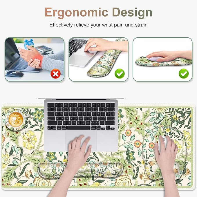 4 in 1 Large Mouse Pad, Keyboard Wrist Rest Set, Ergonomic Mouse Pad with Wrist Support, Desk Mat with Stitched Edges Extended Desk Pad Waterproof Desk Mat for Home Office Game I Green Flower Plants