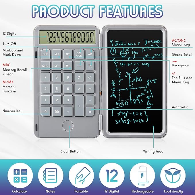 Hion Calculator,12-Digit Large Display Office Desk Calcultors with Erasable Writing Table,Rechargeable Hand held Multi-Function Mute Pocket Desktop Calculator for Basic Financial Home School (Grey)