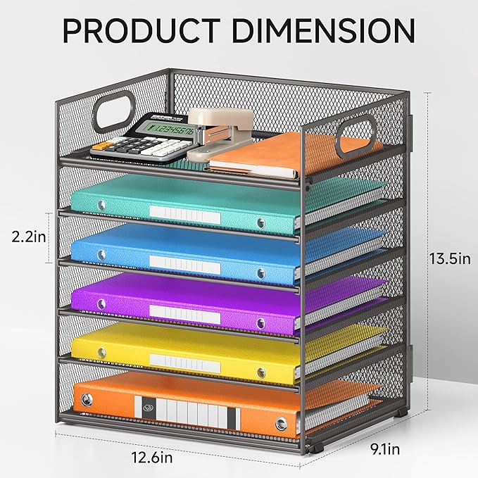 6 Tiers Letter Tray Paper Organizer With Handle, Mesh Desk File Organizer, Metal Desktop Document Shelf, Paper Sorter for Office, Home or School File Folder Holder - Grey