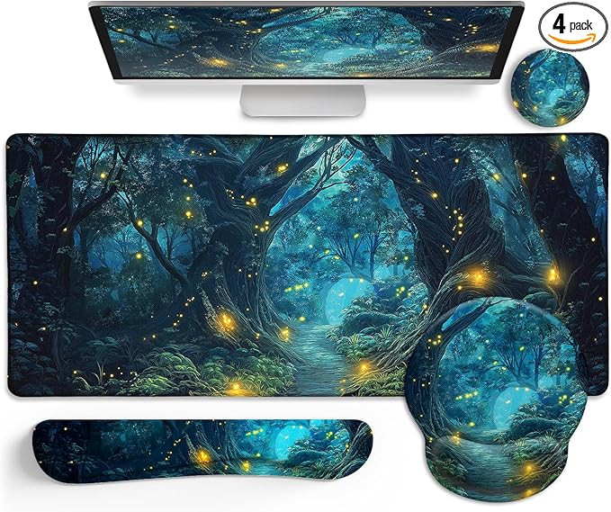 Ergonomic Mouse Pad Set Large Desk Matt for Desktop, Gaming Mouse Pad Wrist Rest Keyboard Mat Cup Coaster Set Cute Office Desk Decor Accessories for Women, Firefly Forest