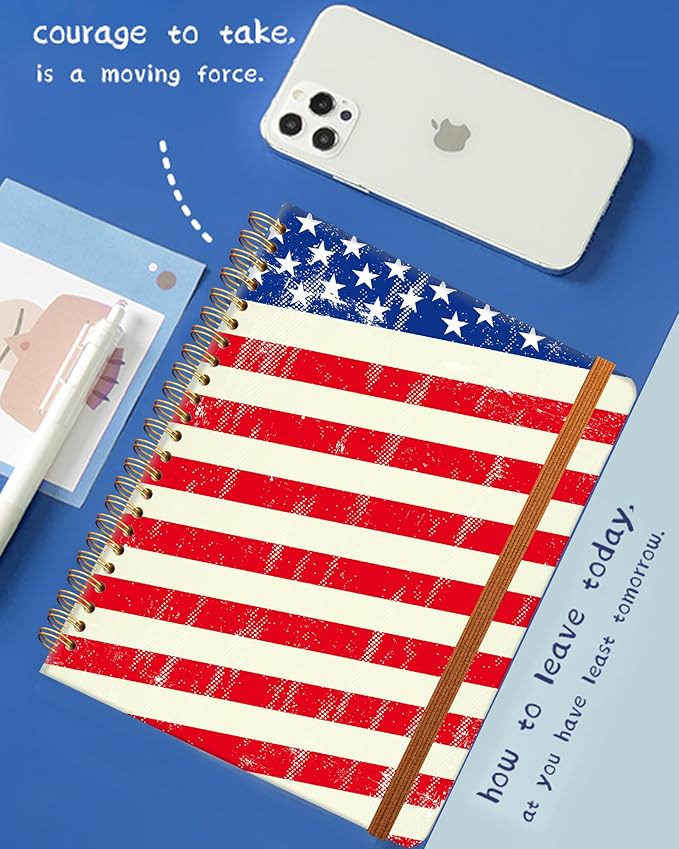 Ruled Spiral Writing Notebook,A5 Hardcover Lined College Journal for Women,Strong Twin-Wire Binding with Premium Paper,8.4" X 6",Perfect for School,Office,Home(Retro American Flag)