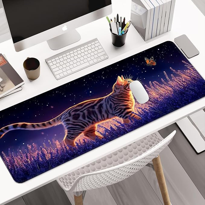 Anime Cute Cat Gaming Desk Pad, Extended Large Fantasy Kawaii Animal Mouse Pad, Computer Keyboard Laptop Mouse Mat for Work, Office and Home, XL