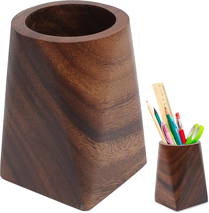 Wooden Pencil Holder, Walnut Wood Pen Cup, Desk Accessories, 4 Inch Organizer Caddy Stand, Vintage Rustic Box for Desktop, Men Supplies, Makeup Brushes, Stationery, Offices Decoration