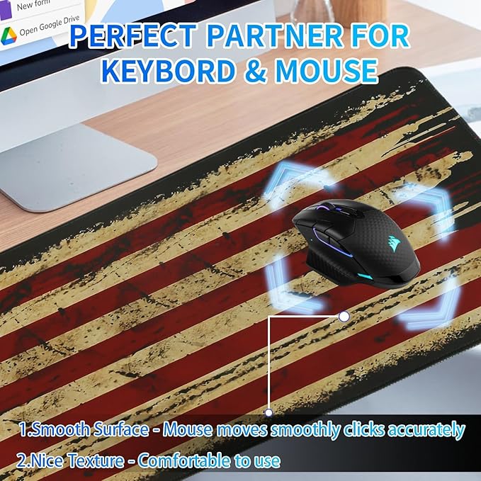 American Flag Mouse Pad United States National Flag Mousepad, Large Gaming Desk Mat XL Mousepad, Stitched Edges Non-Slip for Computers Laptop (USA Flag-Large-Black)