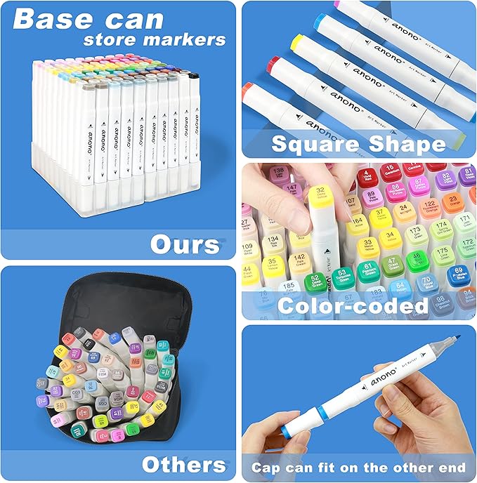 anono 120 Colors Alcohol Markers Set, Coloring Markers with Chisel and Fine Tips, Includes Carrying Case, Suitable for Book Painting and Coloring, White Barrel