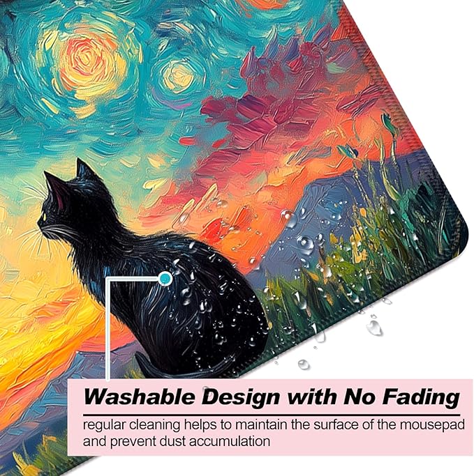 Cute Black Cat Fantasy Starry Night Gaming Desk Mat, Computer Keyboard Large Extended Long Animal Mouse Pad for Office and Home, XL (W03)