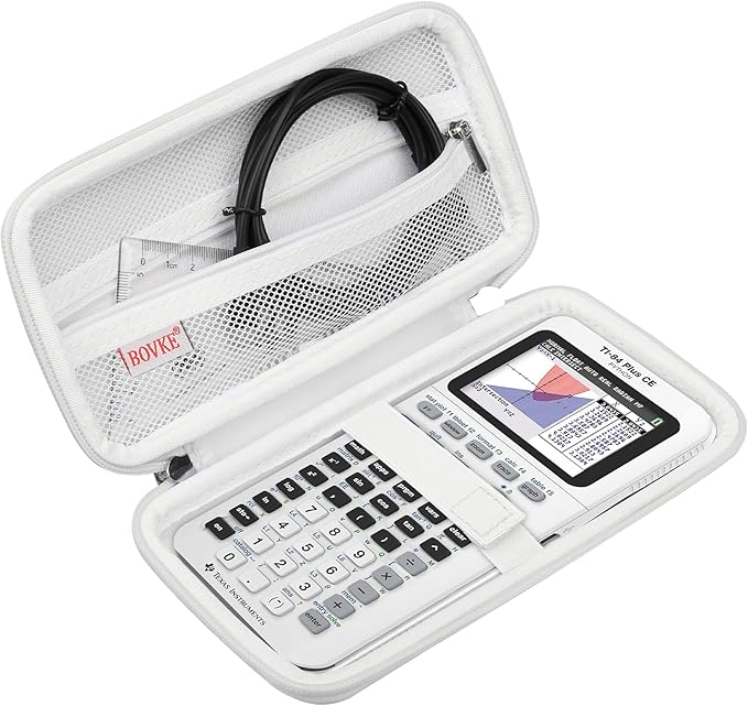 BOVKE Hard Travel Case for Texas Instruments TI-84 Plus CE/TI-84 Plus/TI-83 Plus CE/TI-83 Plus/Casio fx-9750GIII Graphing Calculator, Mesh Pocket for USB Cables, Manual, Pens, Accessories, White