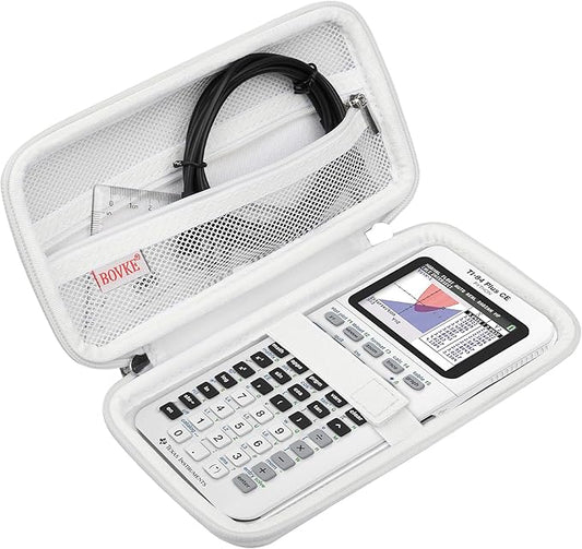 BOVKE Hard Travel Case for Texas Instruments TI-84 Plus CE/TI-84 Plus/TI-83 Plus CE/TI-83 Plus/Casio fx-9750GIII Graphing Calculator, Mesh Pocket for USB Cables, Manual, Pens, Accessories, White