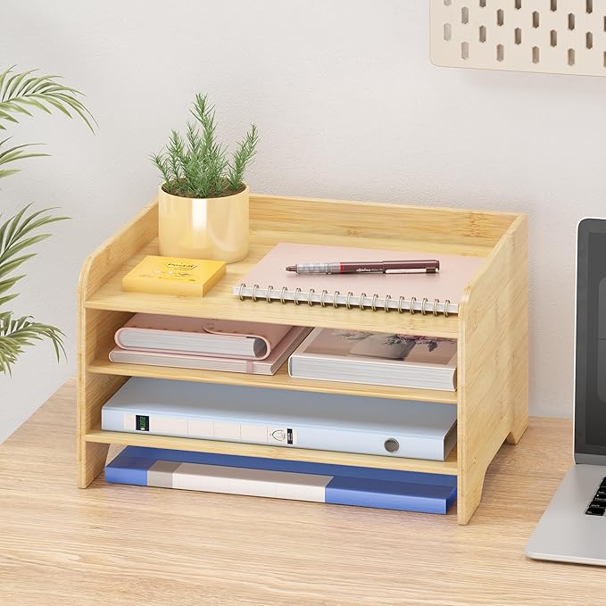 Bamboo Desk Organizer Mail Holder Countertop Letter Tray File Organizer for Desk Letter Sorter Paper File Storage for School Home Office Supplies
