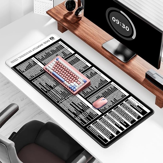 Excel Shortcut Keys Mouse Pad, Large Extended XL XXL Cheat Sheet Gaming Mouse Pad, Office Spreadsheet Desk Mat, Long Big Keyboard Mat, Desk Pad for Desktop, Non-Slip, Stitched, 31.5" x 11.8", Black