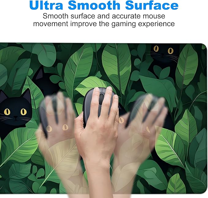 Desk Pad, Cute Anime Cats in Green Leaves XXL Gaming Mouse Pad with Stitched Edges,Non-Slip Waterproof Rubber Base Large Desk Mat for Keyboard and Mouse 35.4"x15.7"